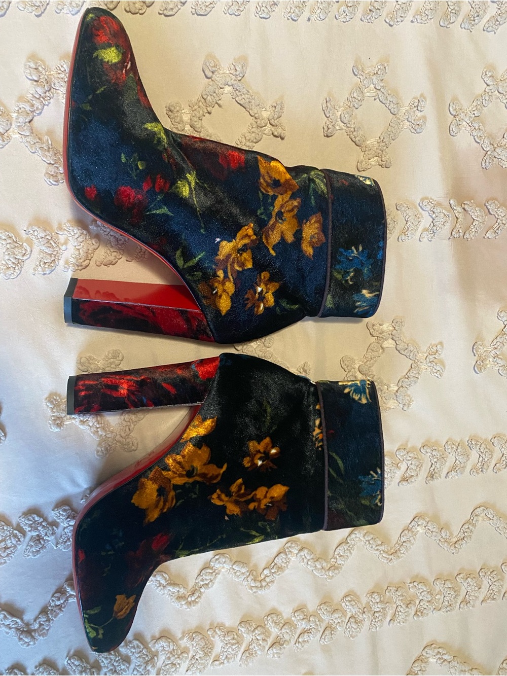 Christian Louboutin Floral Velvet Block Heel Ankle Boots - Black Multi - Picture 7 of 7